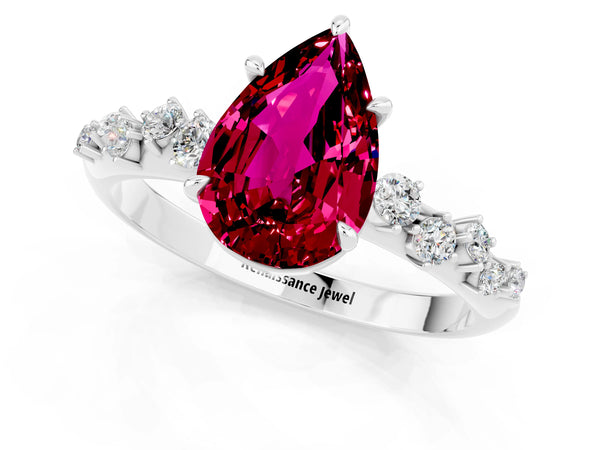 Platinum Pear Cut Garnet Cluster Side Stone Solitaire Ring with Prong Setting