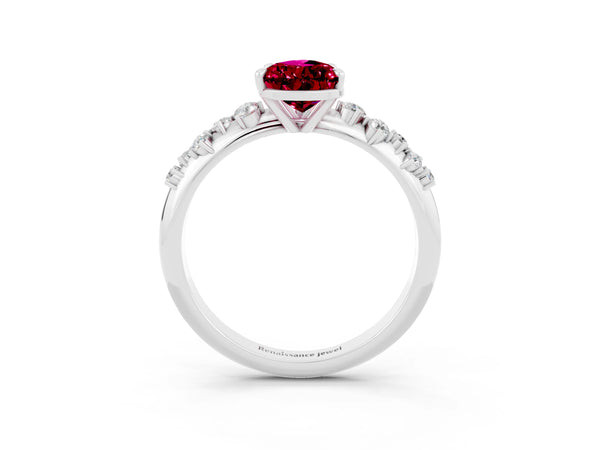 White gold Pear Cut Garnet Cluster Side Stone Solitaire Ring with Prong Setting