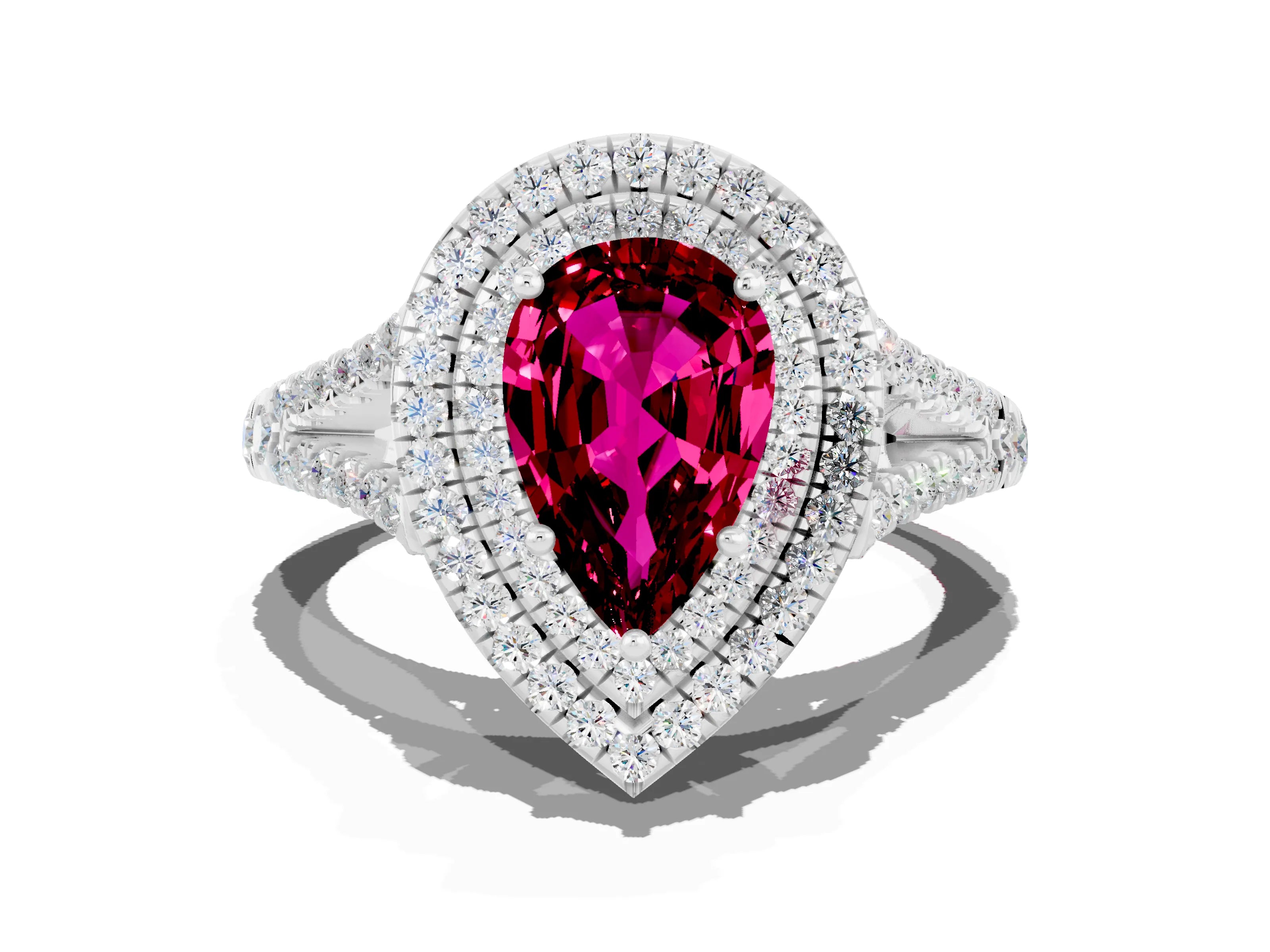 White gold Pear Cut Garnet Double Halo Ring with Pavé Band and Prong Setting_12