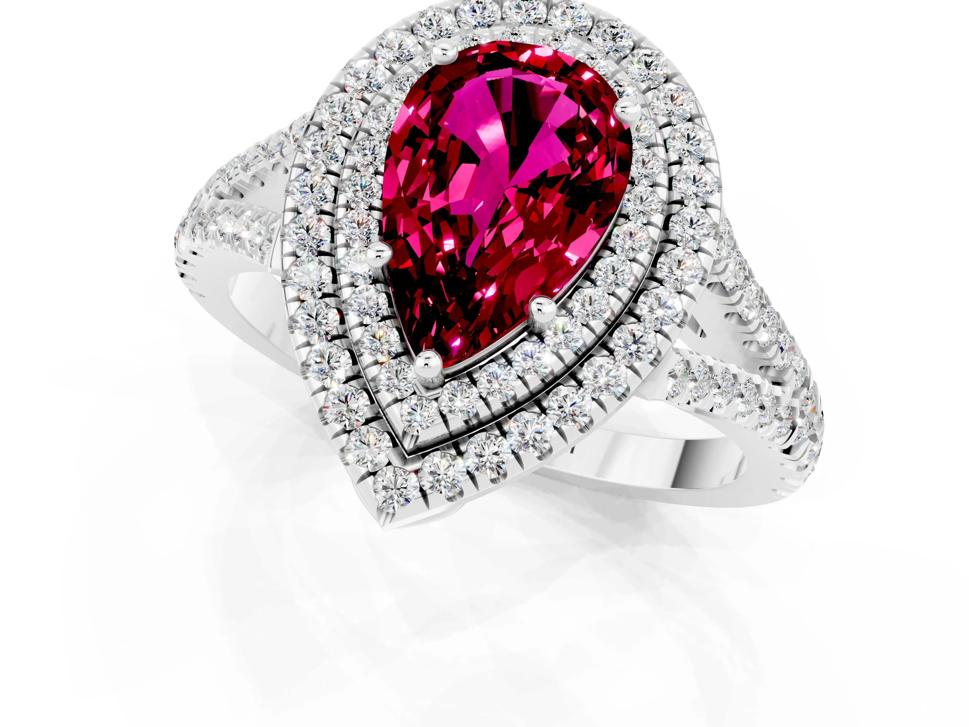 White gold Pear Cut Garnet Double Halo Ring with Pavé Band and Prong Setting_13