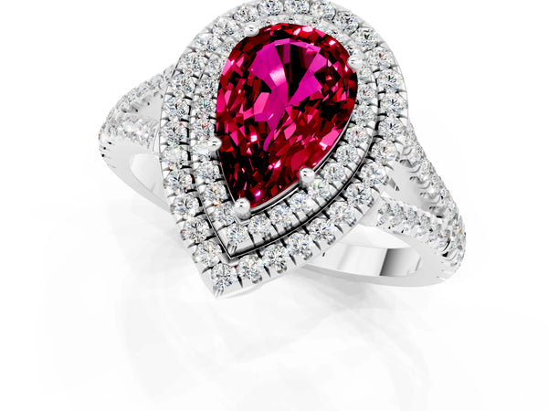 Platinum Pear Cut Garnet Double Halo Ring with Pavé Band and Prong Setting