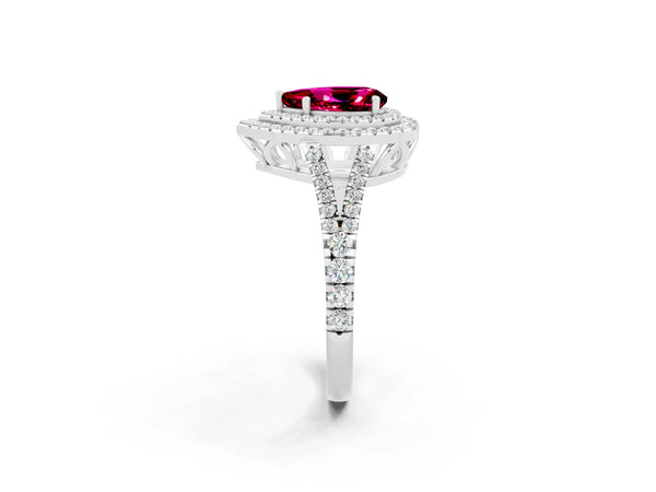 Platinum Pear Cut Garnet Double Halo Ring with Pavé Band and Prong Setting