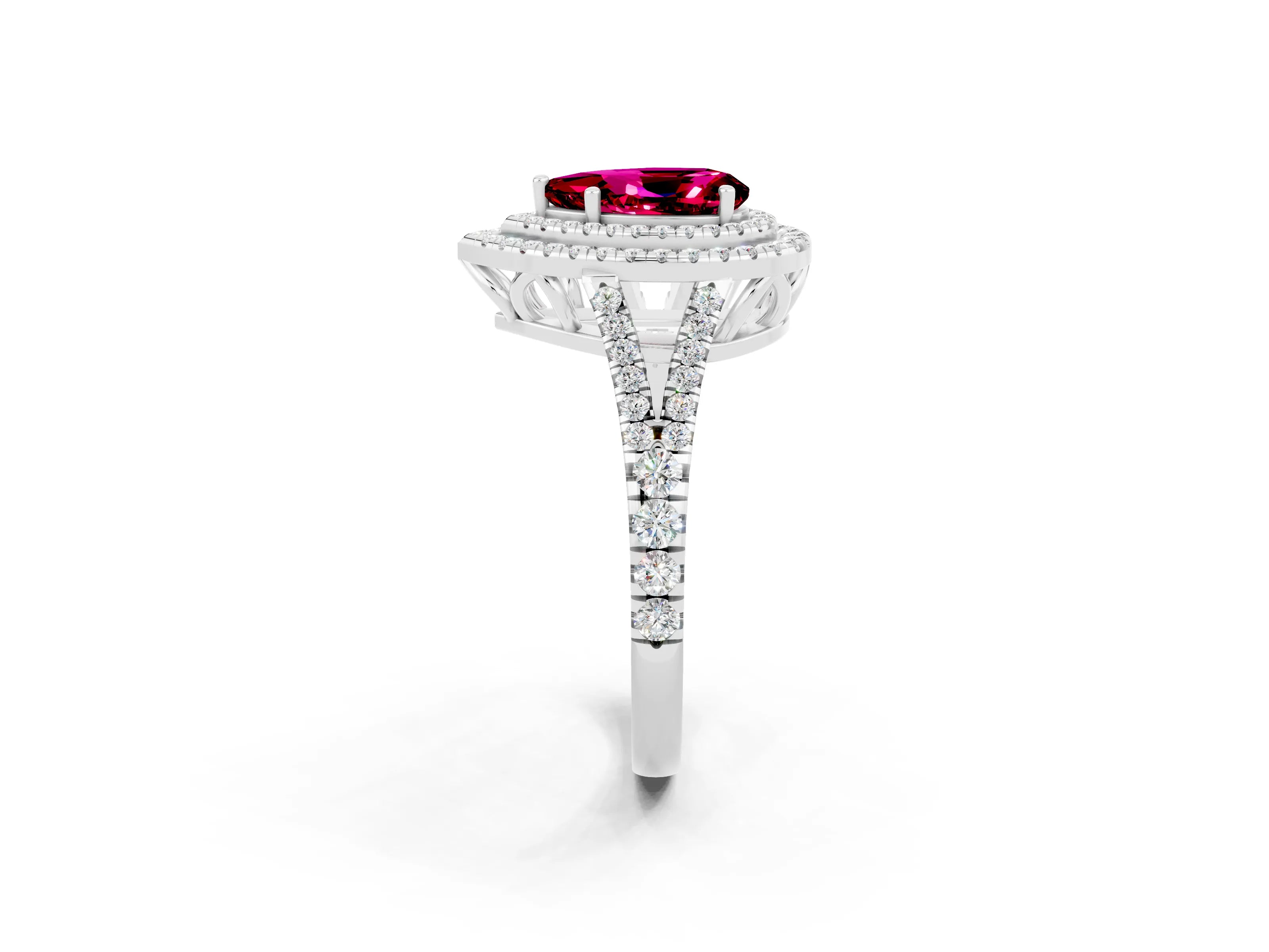 White gold Pear Cut Garnet Double Halo Ring with Pavé Band and Prong Setting_14