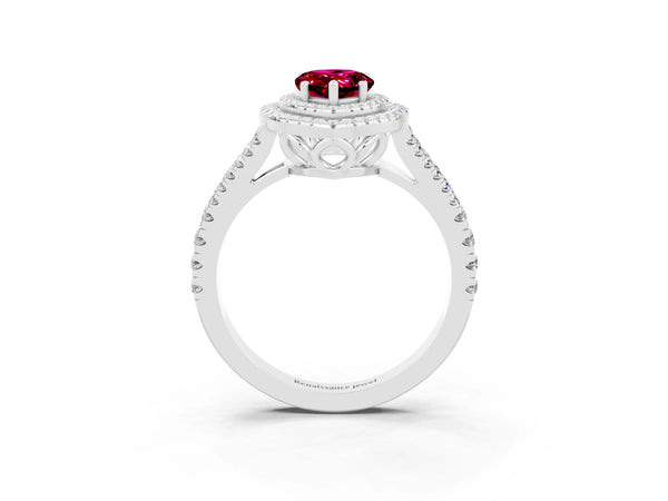 Platinum Pear Cut Garnet Double Halo Ring with Pavé Band and Prong Setting