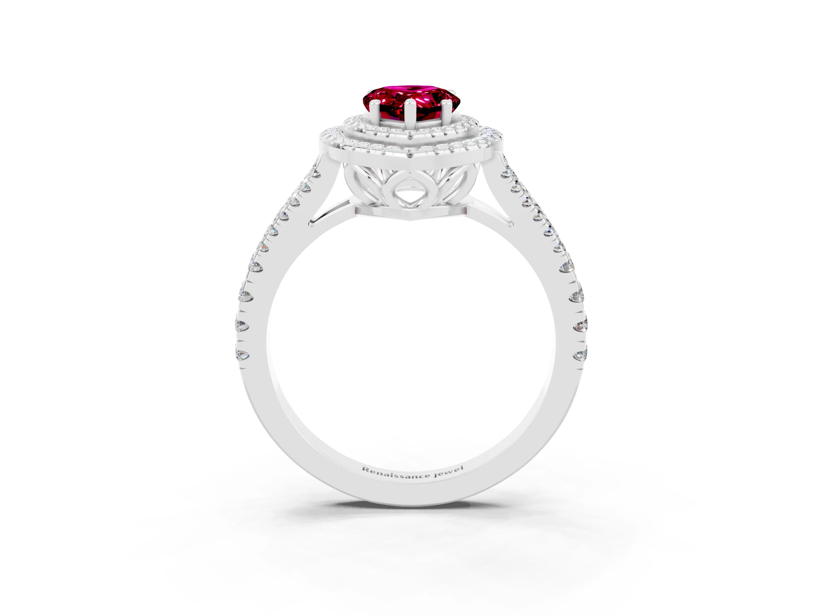 White gold Pear Cut Garnet Double Halo Ring with Pavé Band and Prong Setting_15
