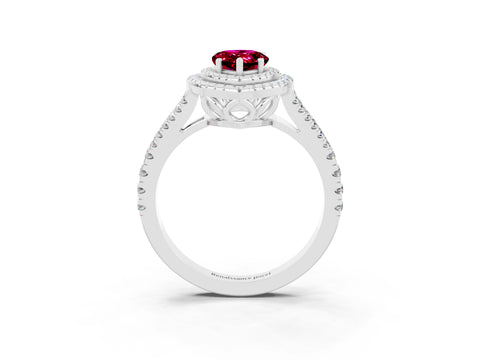 White gold Pear Cut Garnet Double Halo Ring with Pavé Band and Prong Setting_15