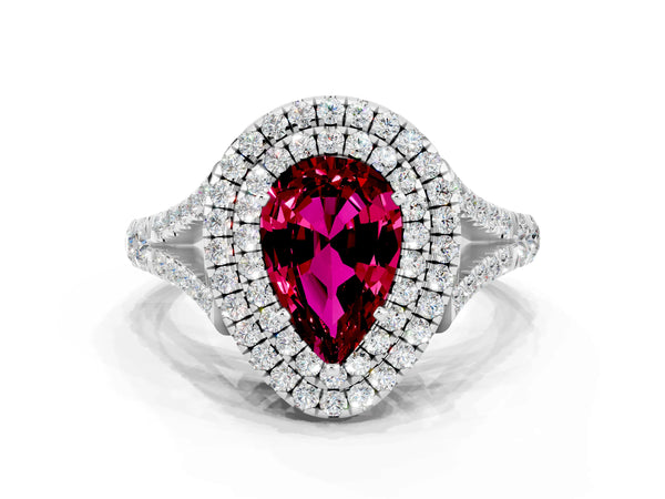 Silver Pear Cut Garnet Double Halo Ring with Split Shank and Prong Setting
