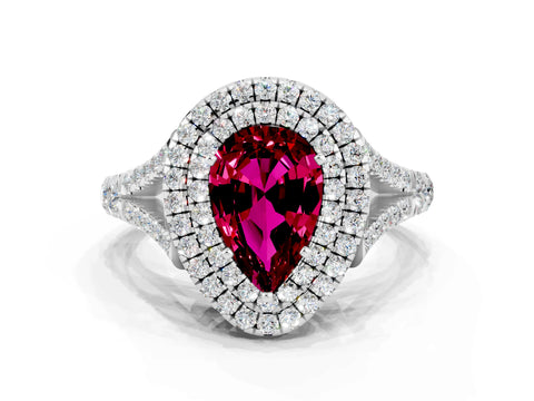 White gold Pear Cut Garnet Double Halo Ring with Split Shank and Prong Setting_12