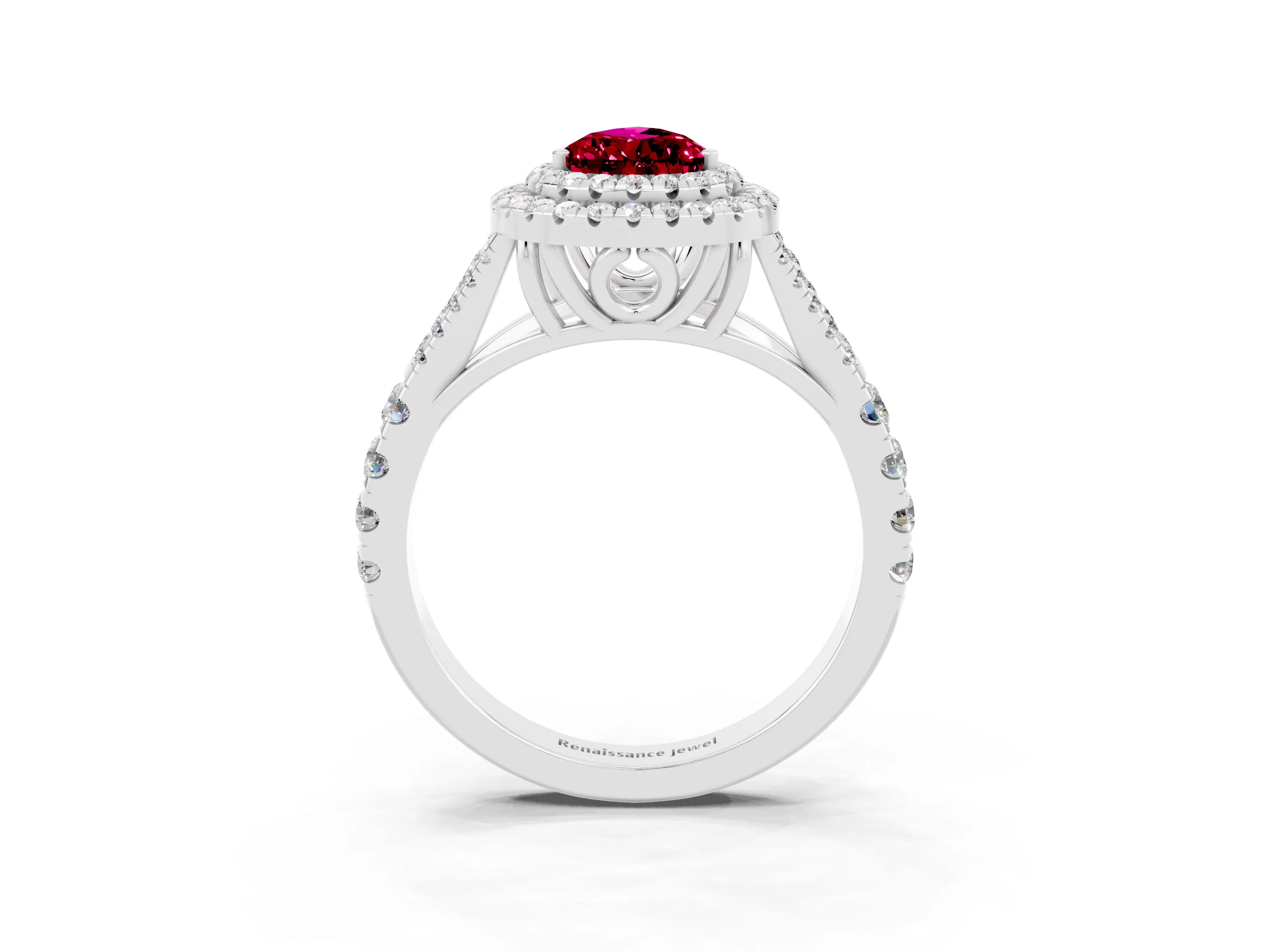White gold Pear Cut Garnet Double Halo Ring with Split Shank and Prong Setting_15
