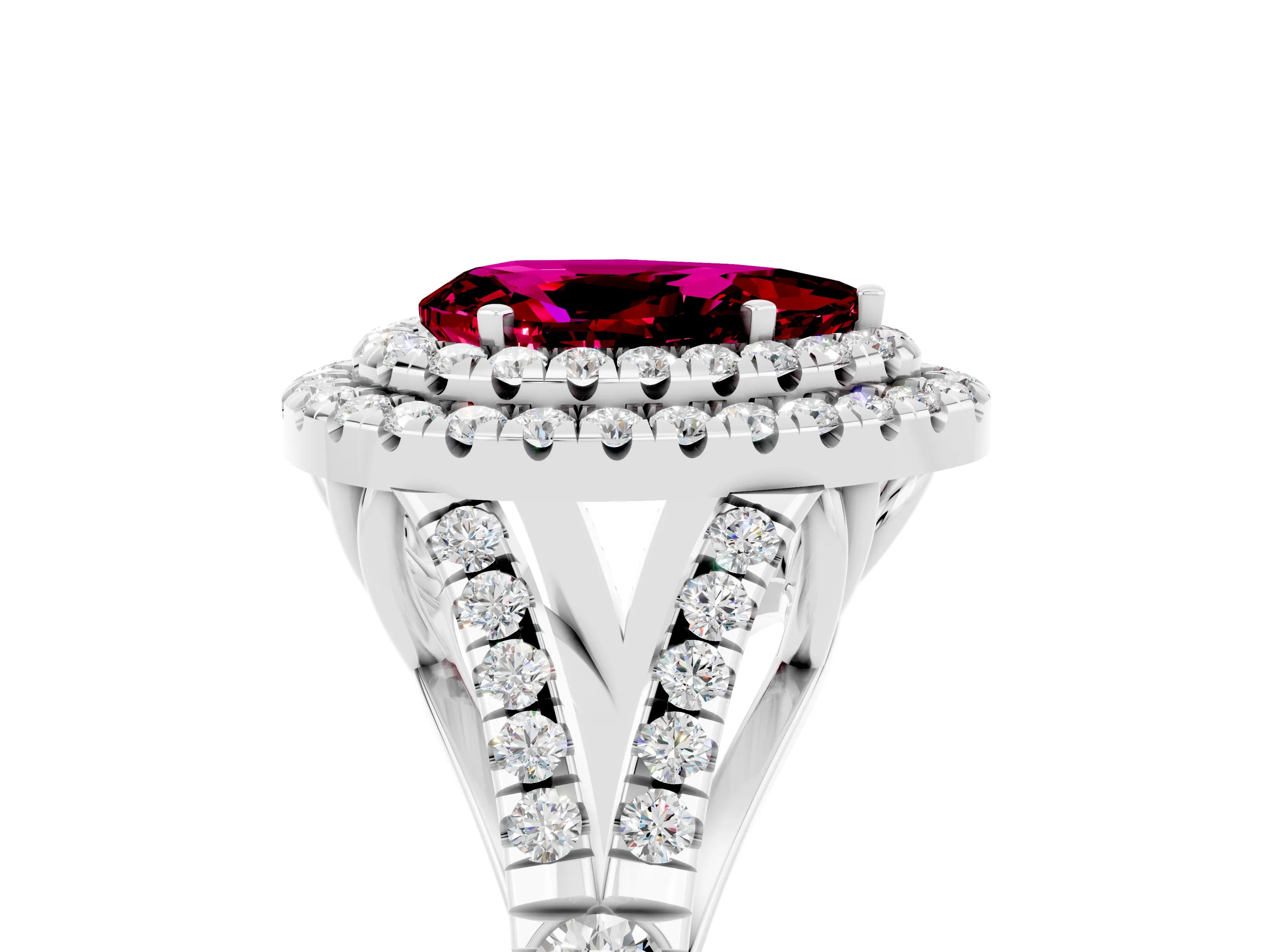 White gold Pear Cut Garnet Double Halo Ring with Split Shank and Prong Setting_17