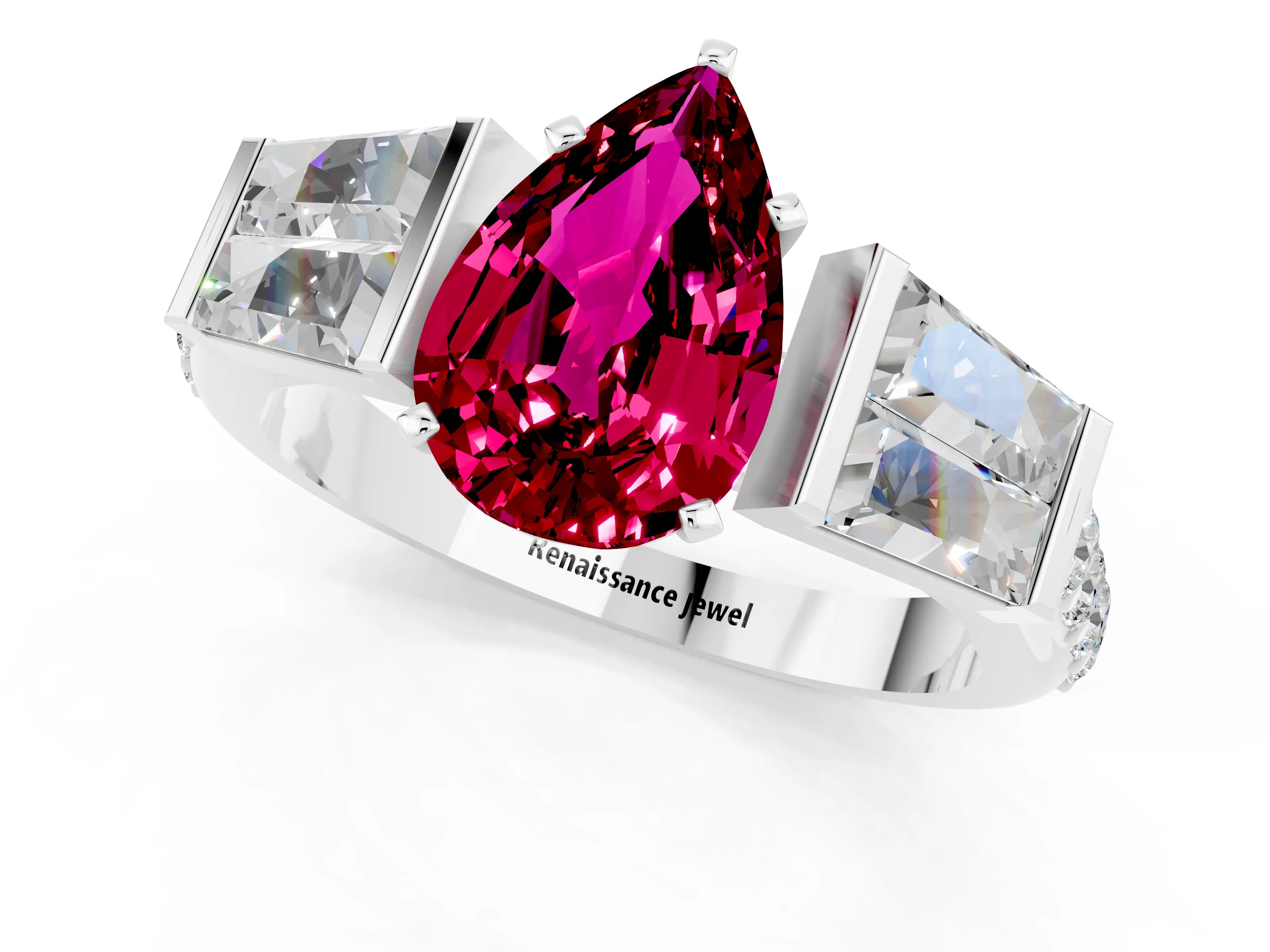 White gold Pear Cut Garnet Engagement Ring with Baguette Side Stones and Channel Set Band_1