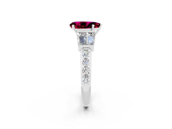 Platinum Pear Cut Garnet Engagement Ring with Baguette Side Stones and Channel Set Band