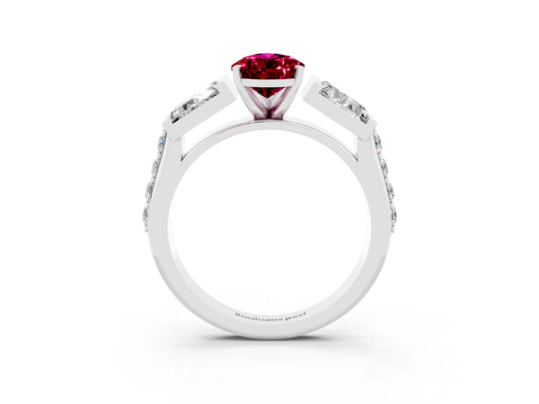 Platinum Pear Cut Garnet Engagement Ring with Baguette Side Stones and Channel Set Band