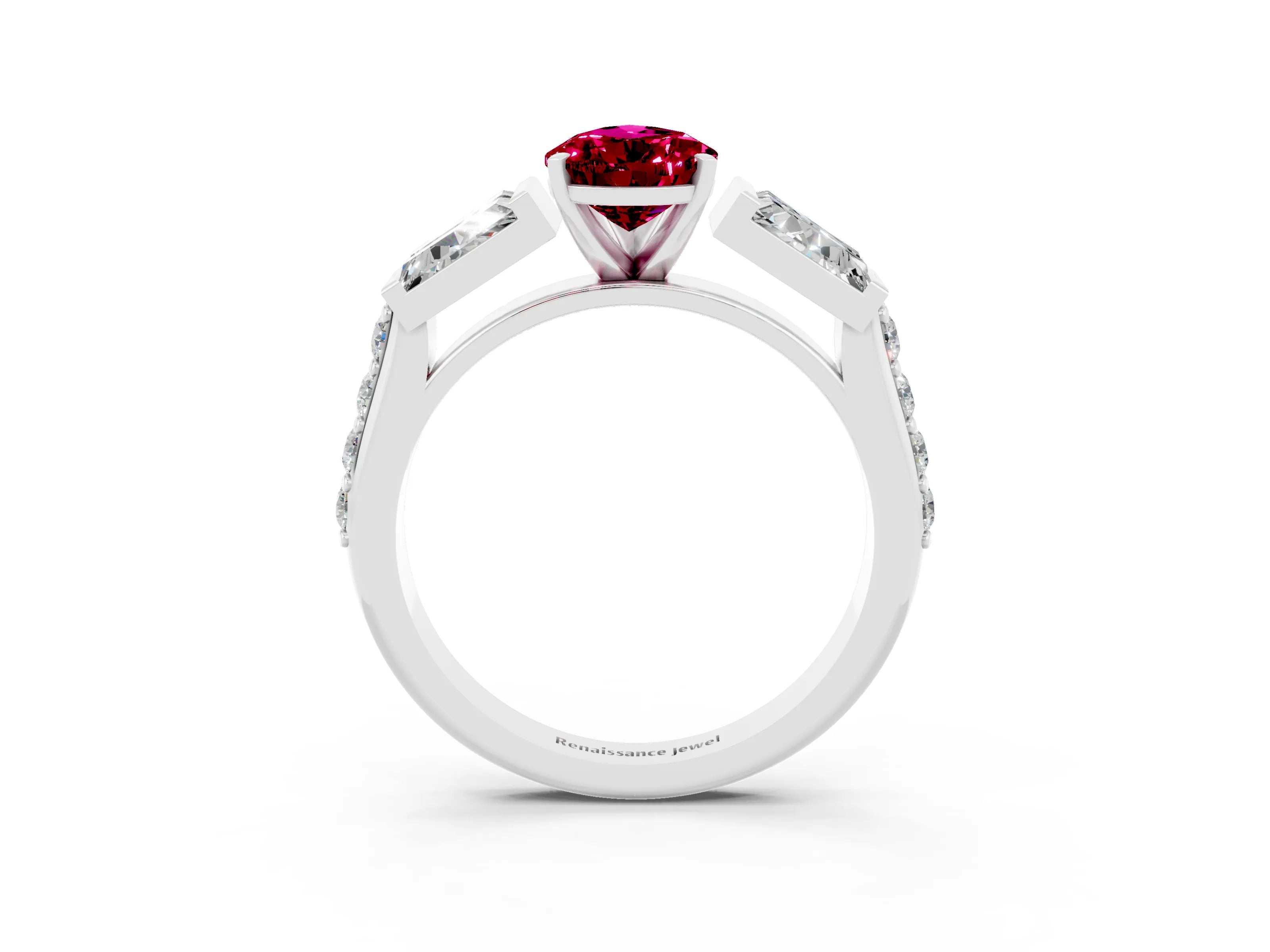 White gold Pear Cut Garnet Engagement Ring with Baguette Side Stones and Channel Set Band_3