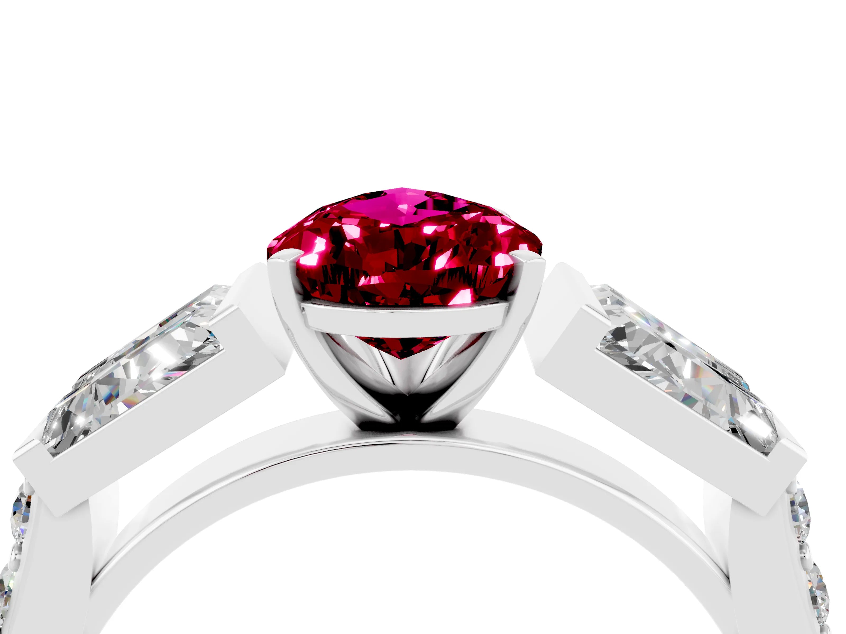 White gold Pear Cut Garnet Engagement Ring with Baguette Side Stones and Channel Set Band_4