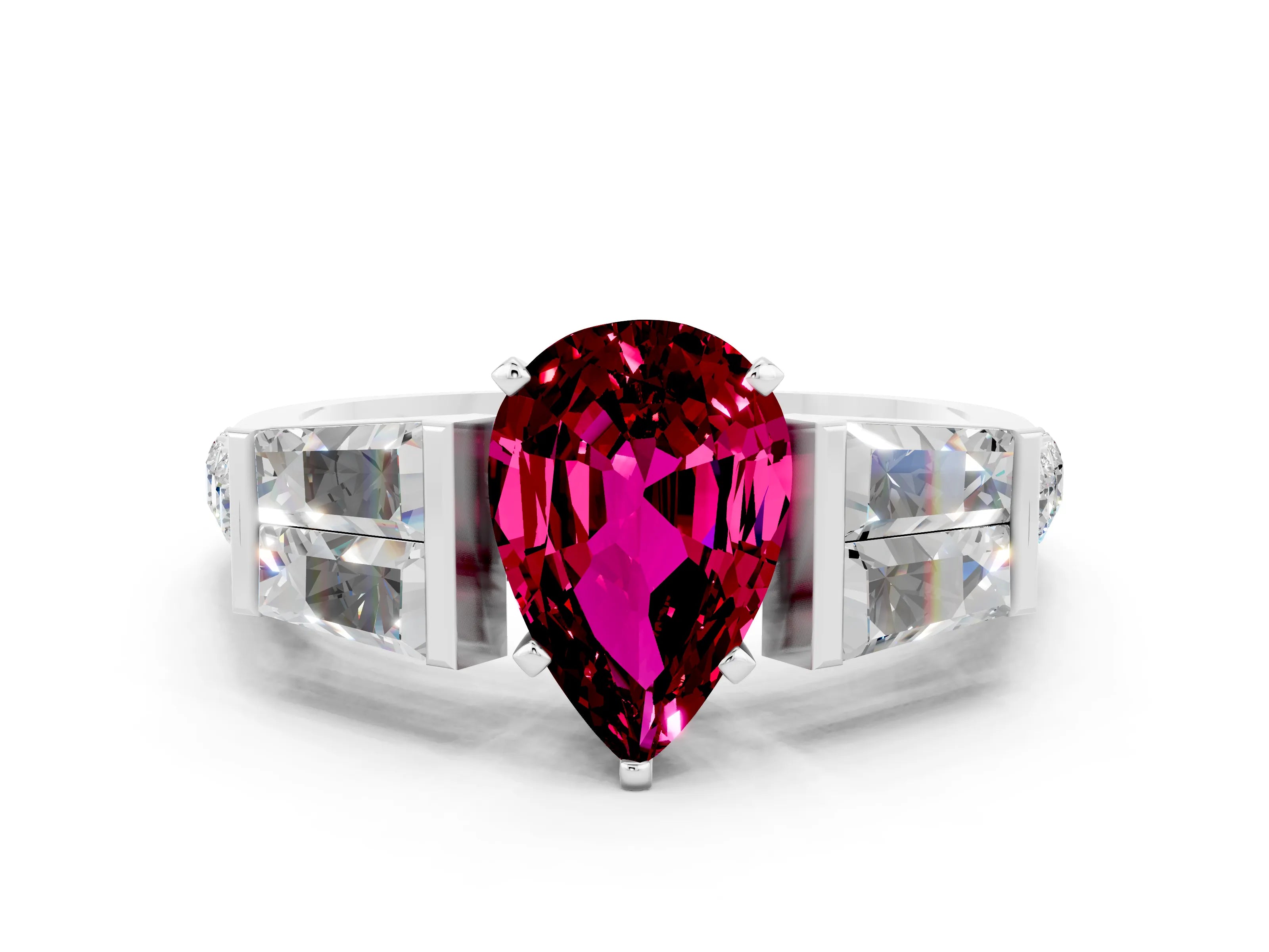 White gold Pear Cut Garnet Engagement Ring with Baguette Side Stones and Channel Set Band