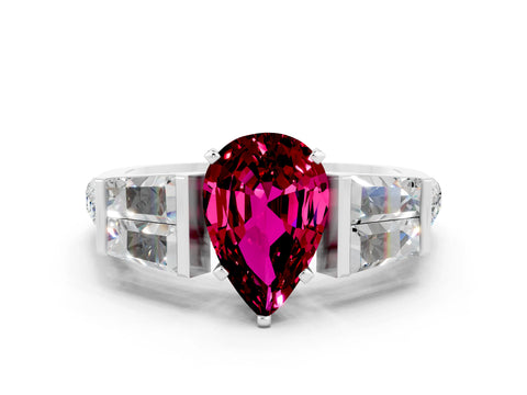 White gold Pear Cut Garnet Engagement Ring with Baguette Side Stones and Channel Set Band