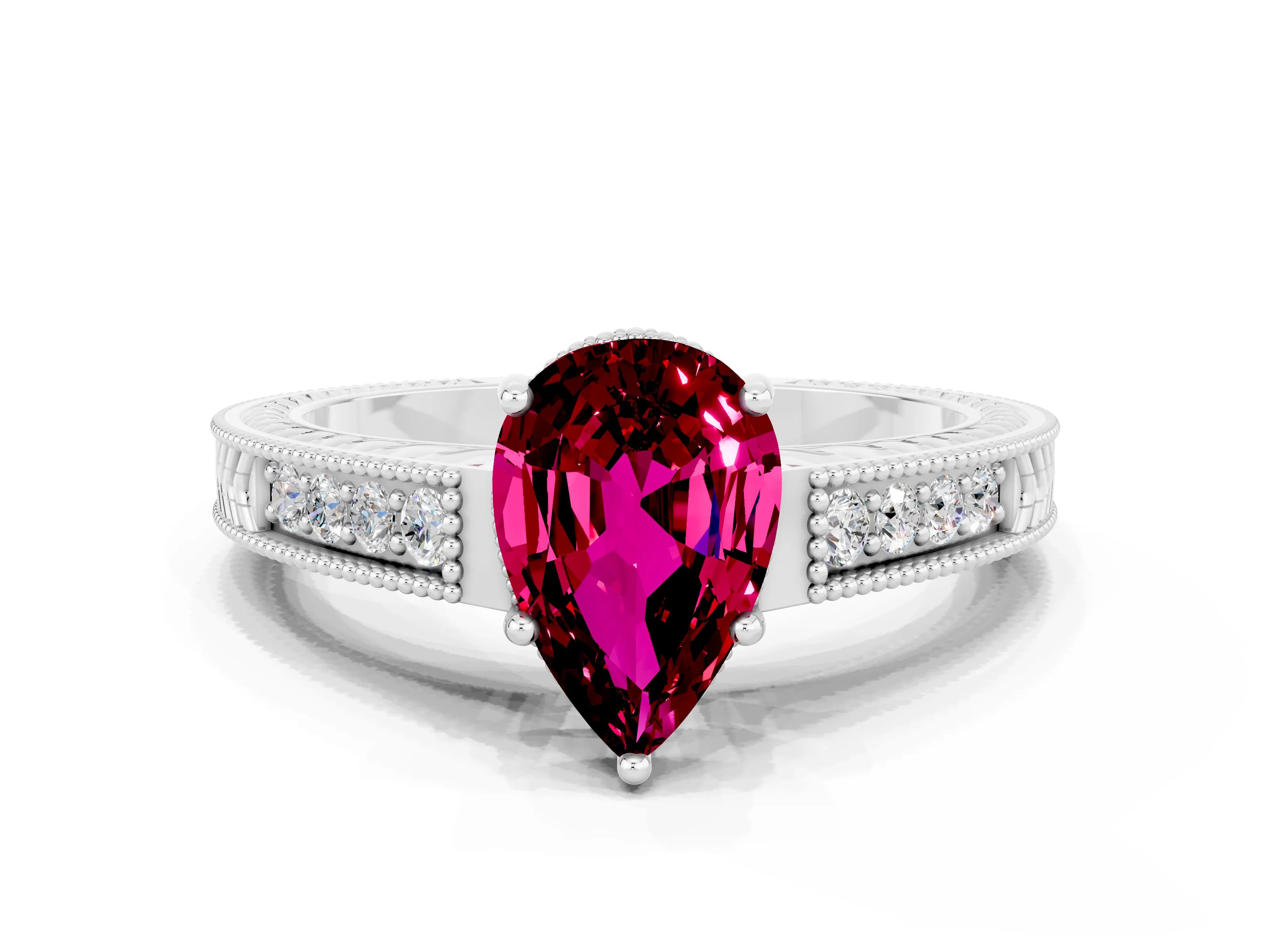 White gold Pear Cut Garnet Engagement Ring with Milgrain Channel Set Band and Prong Setting