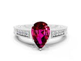 White gold Pear Cut Garnet Engagement Ring with Milgrain Channel Set Band and Prong Setting