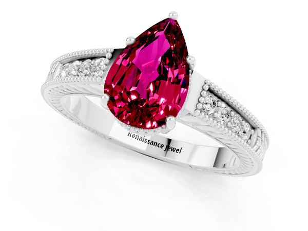 White gold Pear Cut Garnet Engagement Ring with Milgrain Channel Set Band and Prong Setting