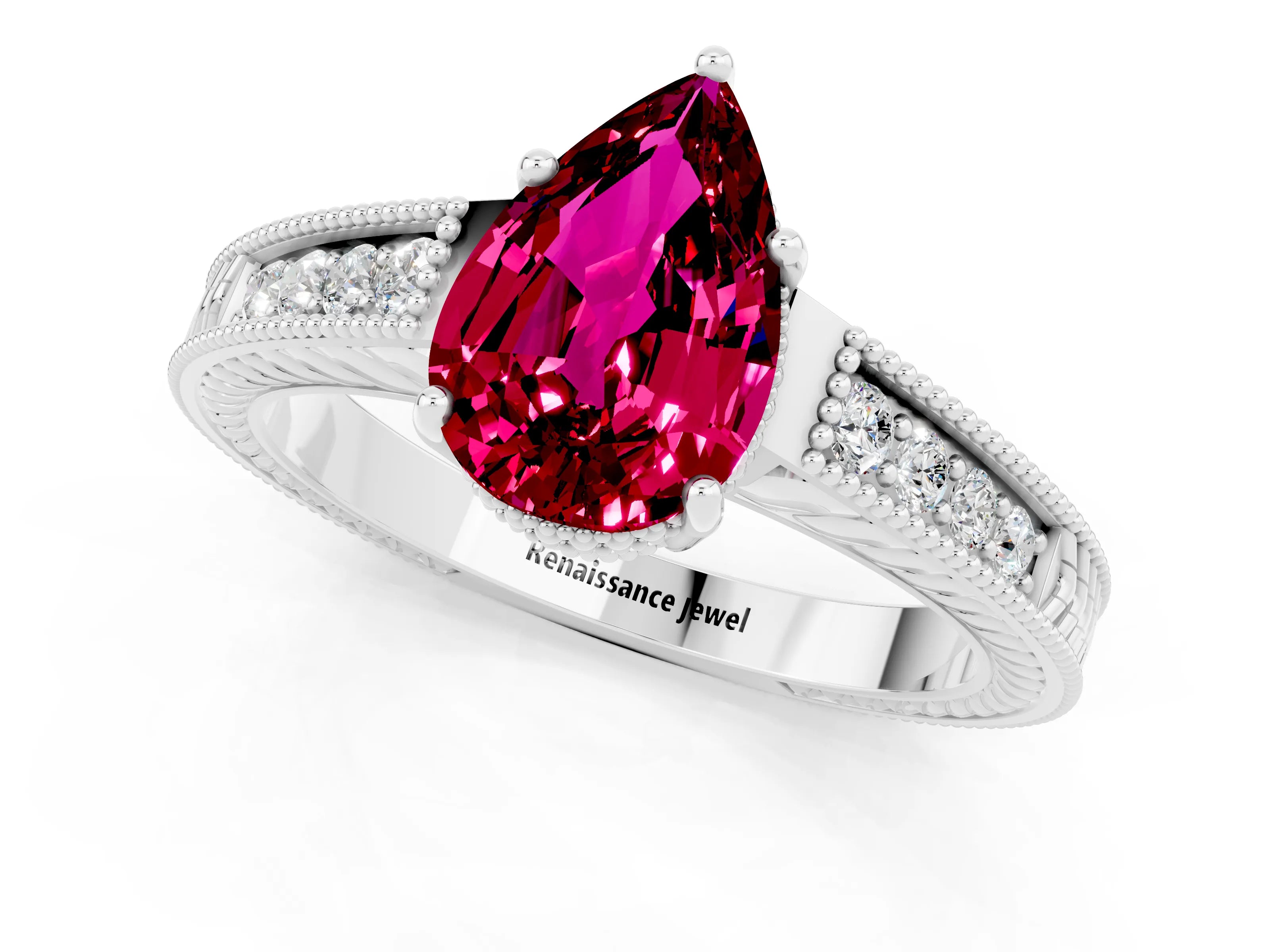 White gold Pear Cut Garnet Engagement Ring with Milgrain Channel Set Band and Prong Setting_1