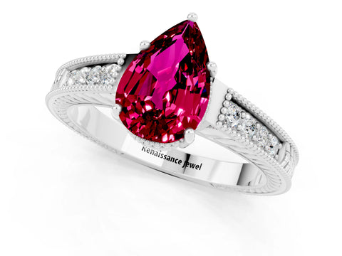 White gold Pear Cut Garnet Engagement Ring with Milgrain Channel Set Band and Prong Setting_1