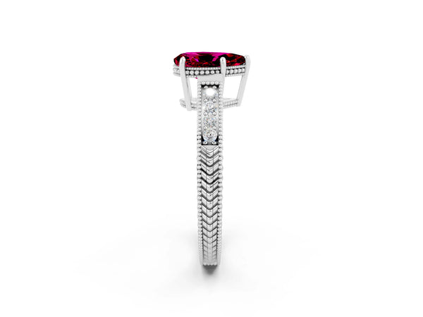 Platinum Pear Cut Garnet Engagement Ring with Milgrain Channel Set Band and Prong Setting