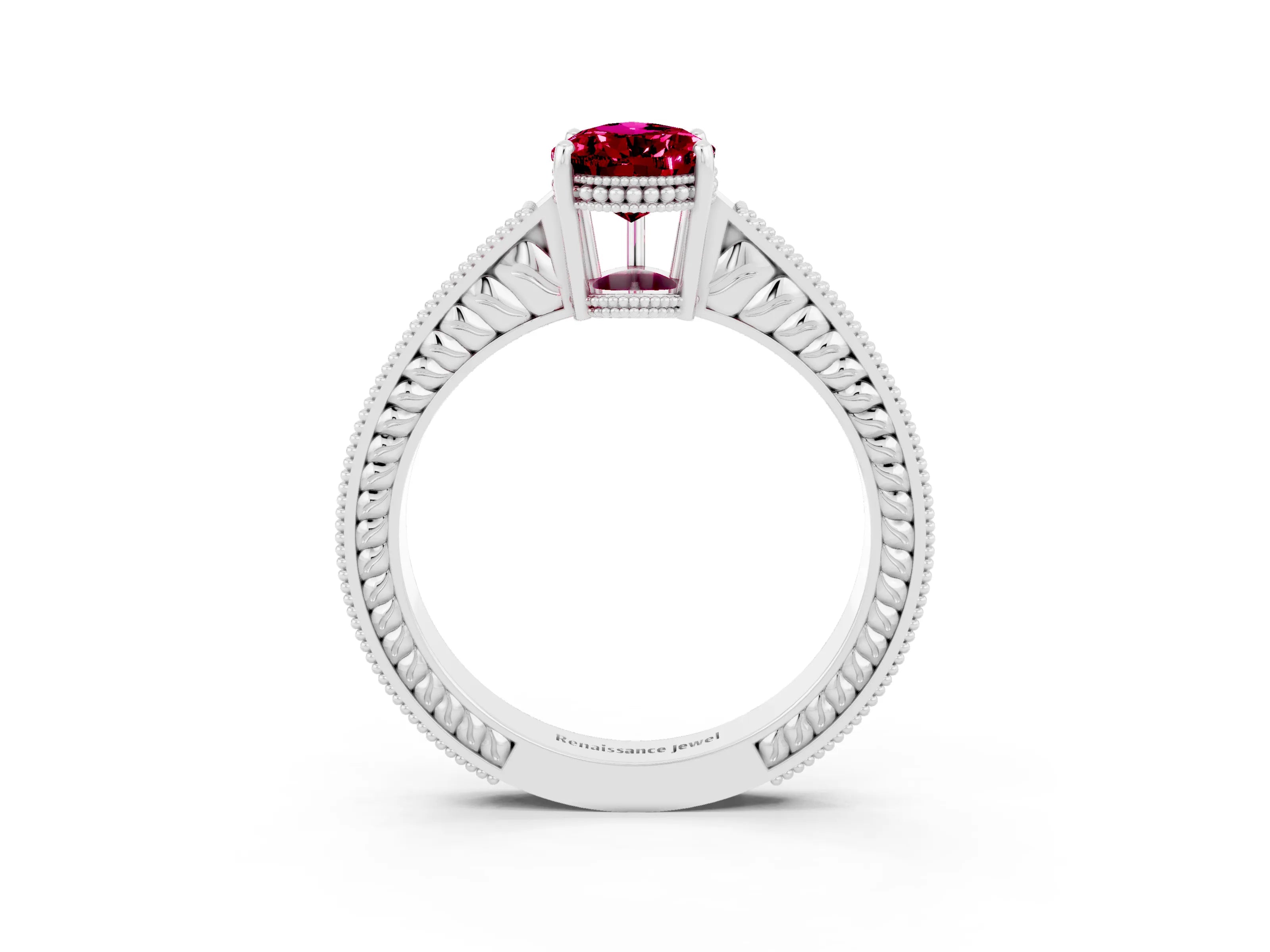 White gold Pear Cut Garnet Engagement Ring with Milgrain Channel Set Band and Prong Setting_3
