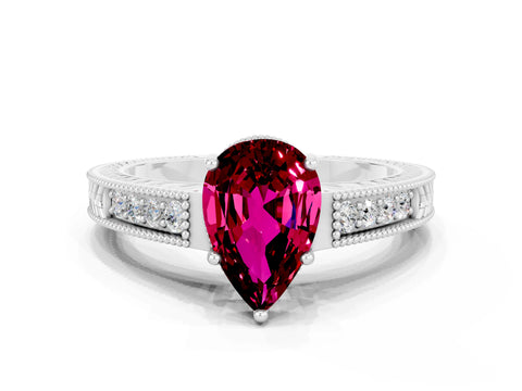 White gold Pear Cut Garnet Engagement Ring with Milgrain Channel Set Band and Prong Setting