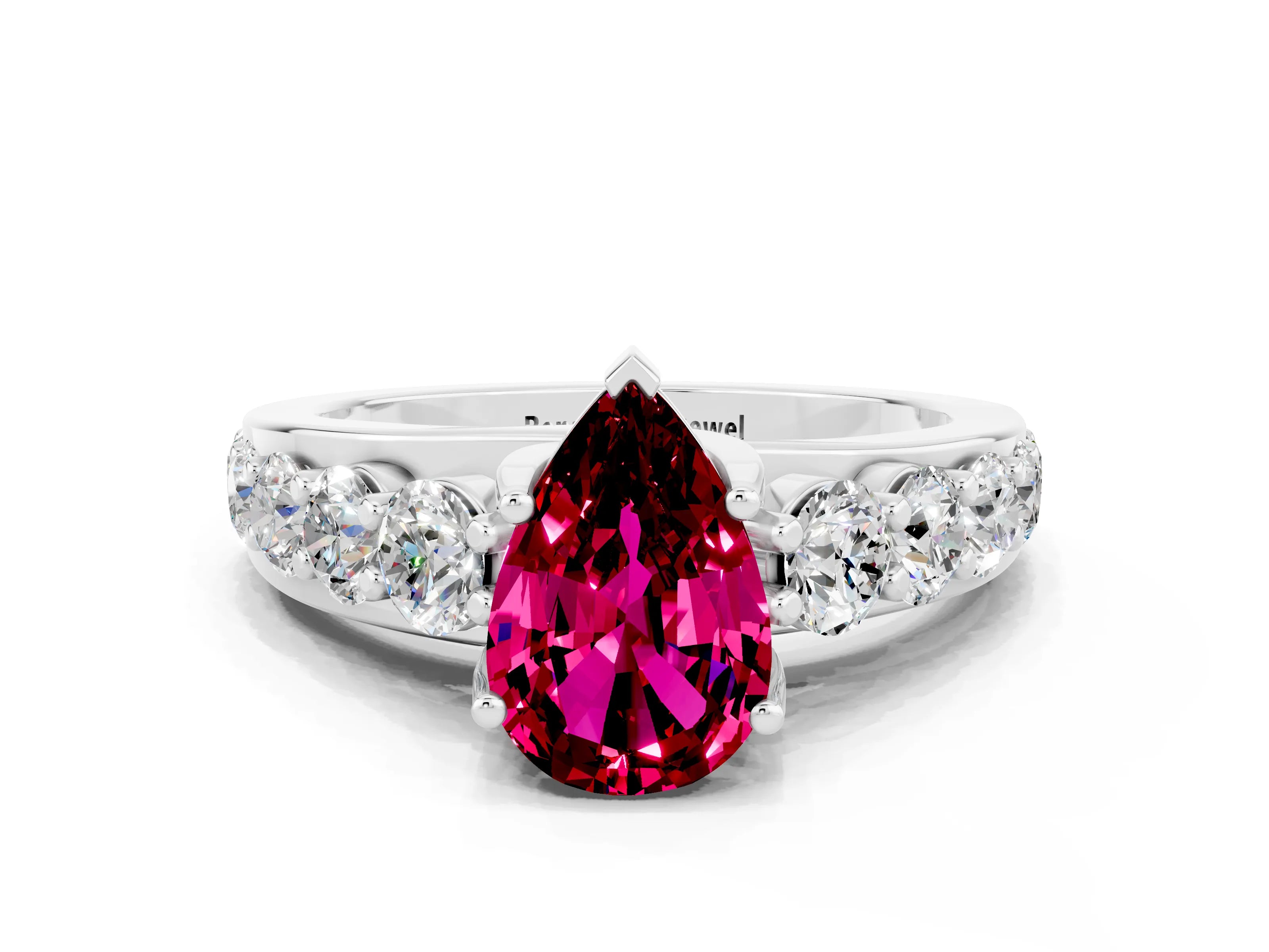 White gold Pear Cut Garnet Engagement Ring with Pavé Band and Four-Prong Setting