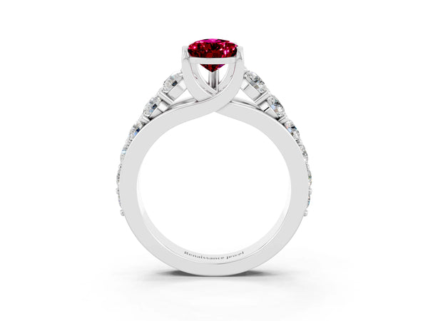 Platinum Pear Cut Garnet Engagement Ring with Pavé Band and Four-Prong Setting