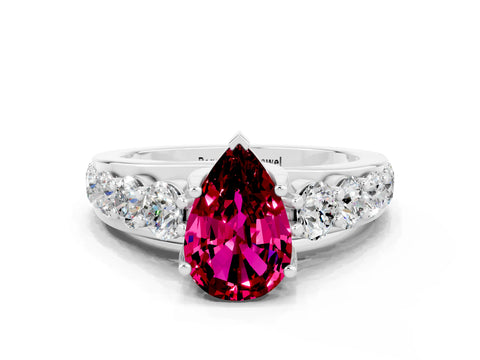 White gold Pear Cut Garnet Engagement Ring with Pavé Band and Four-Prong Setting