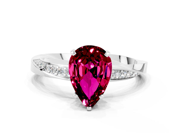 White gold Pear Cut Garnet Engagement Ring with Side Stone Accents and Four-Prong Setting