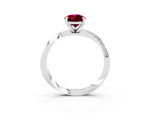 Platinum Pear Cut Garnet Engagement Ring with Side Stone Accents and Four-Prong Setting