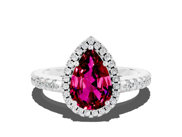 Platinum Pear Cut Garnet Halo Engagement Ring with Pavé Band and Prong Setting