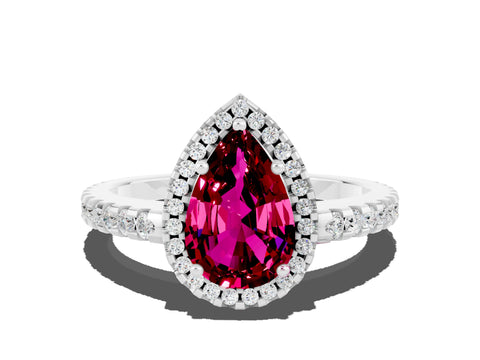 White gold Pear Cut Garnet Halo Engagement Ring with Pavé Band and Prong Setting_12