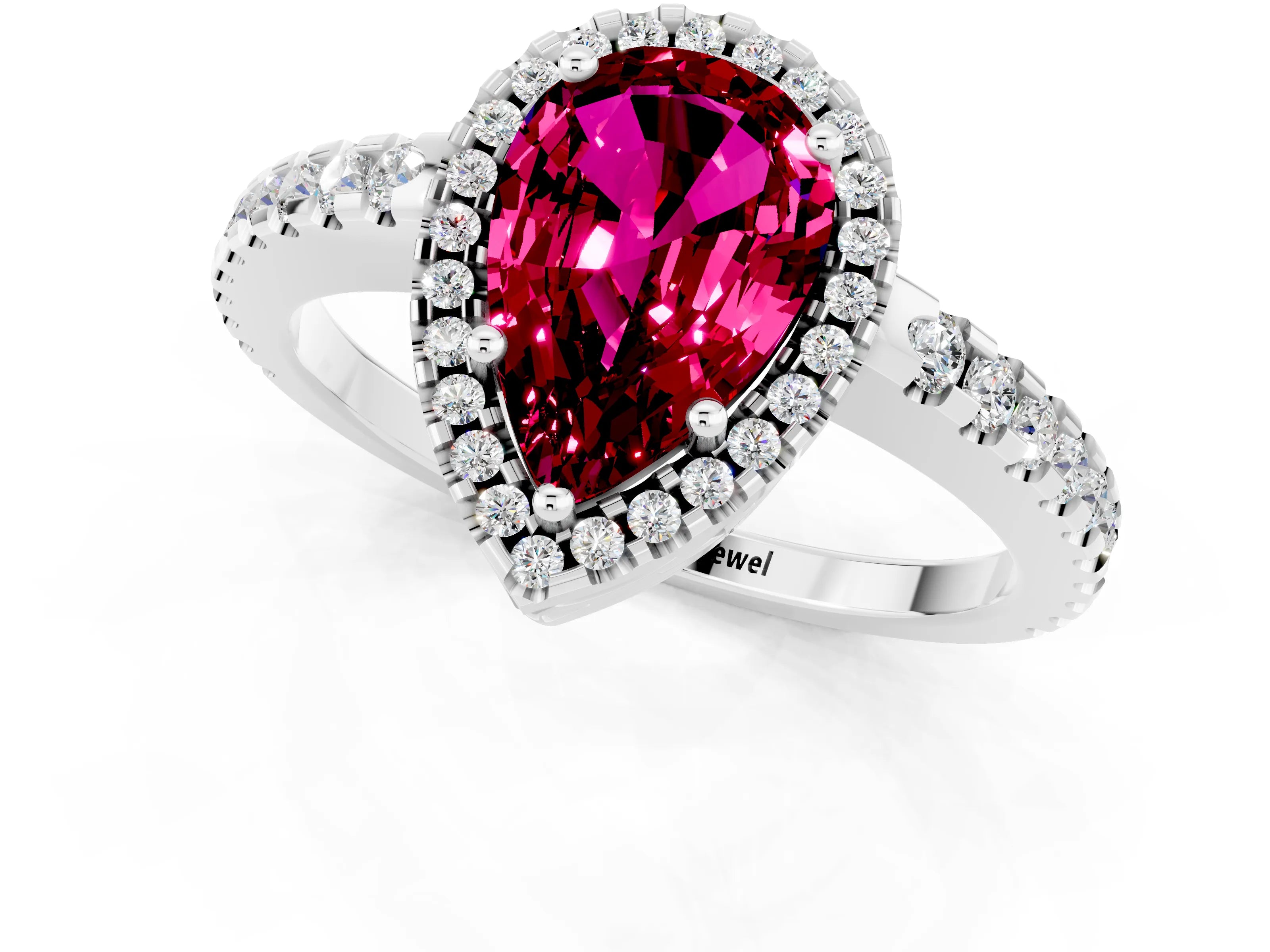 White gold Pear Cut Garnet Halo Engagement Ring with Pavé Band and Prong Setting_13