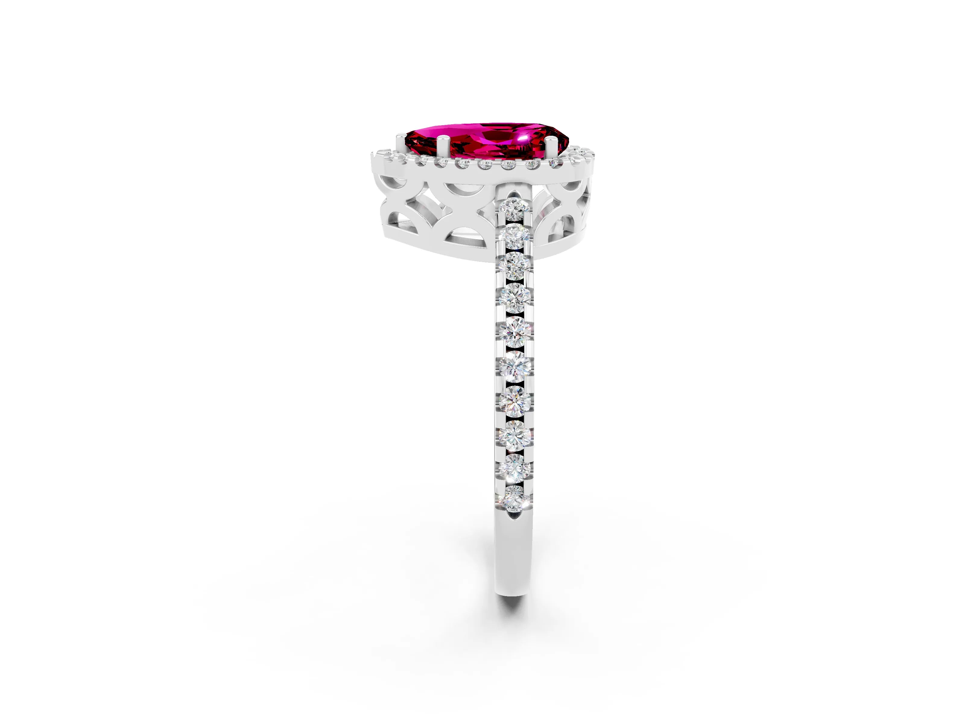 White gold Pear Cut Garnet Halo Engagement Ring with Pavé Band and Prong Setting_14