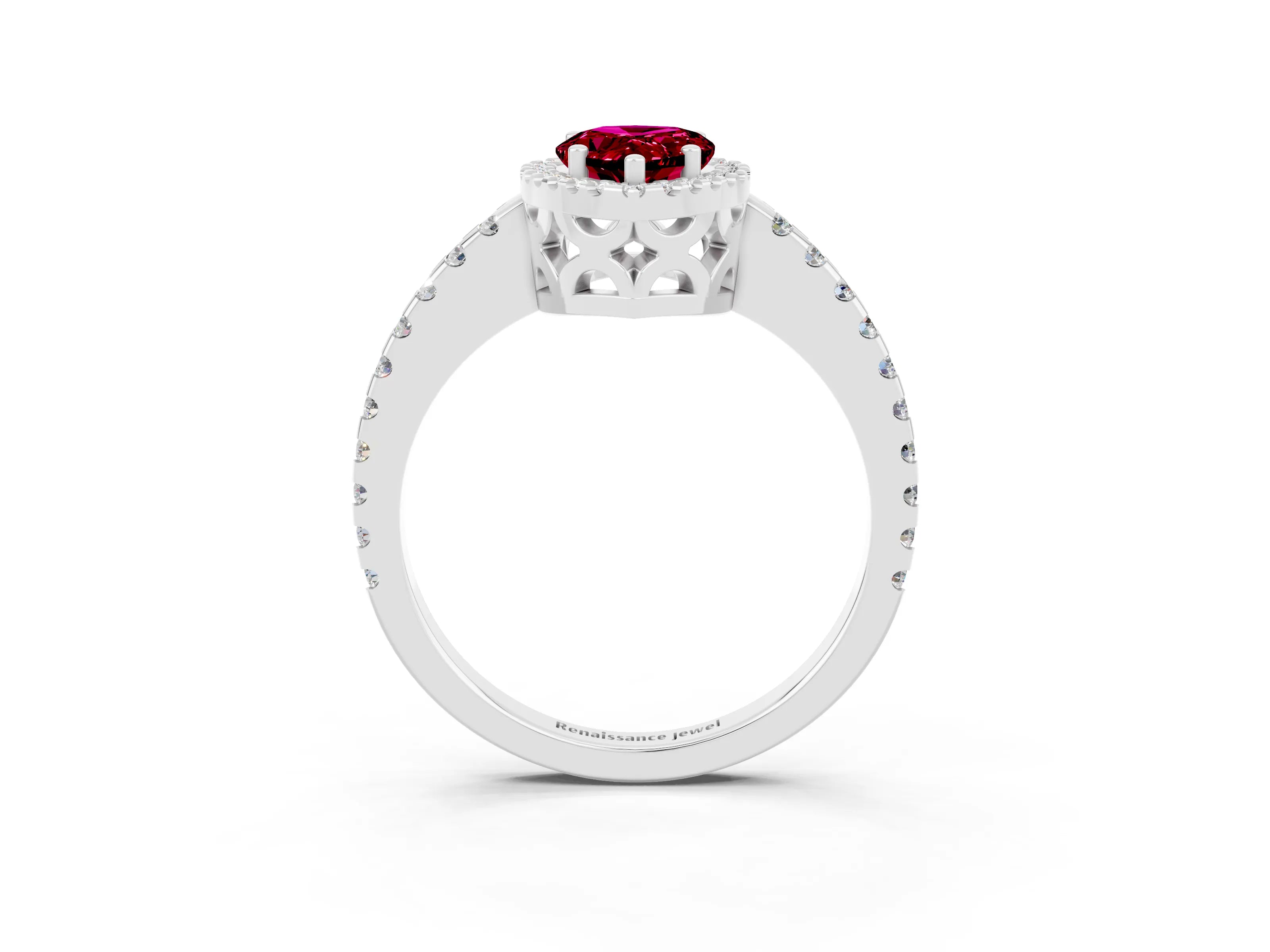 White gold Pear Cut Garnet Halo Engagement Ring with Pavé Band and Prong Setting_15