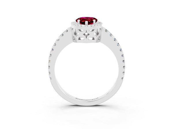 White gold Pear Cut Garnet Halo Engagement Ring with Pavé Band and Prong Setting