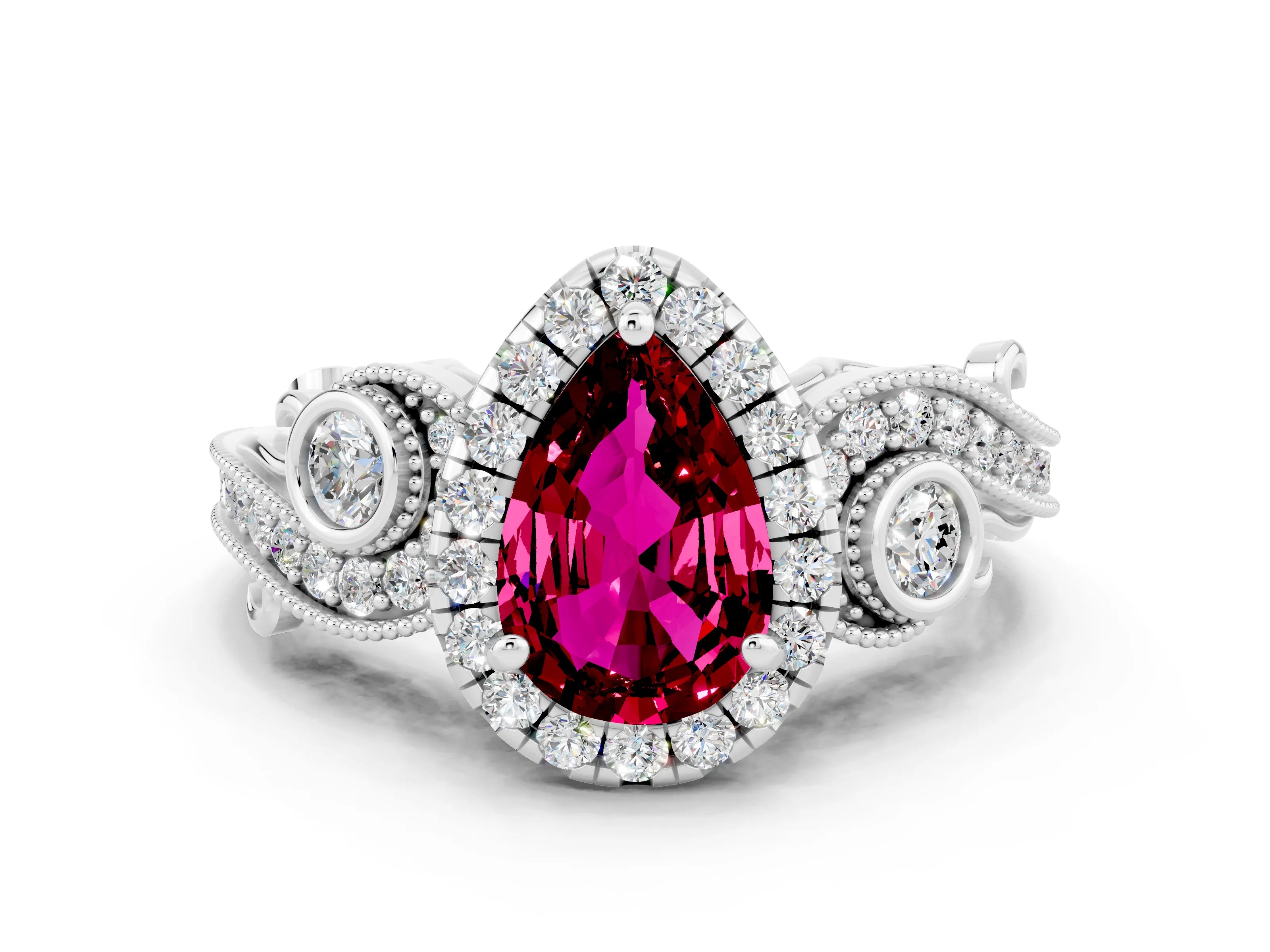 White gold Pear Cut Garnet Halo Ring with Milgrain Pavé Band and Four-Prong Setting_12