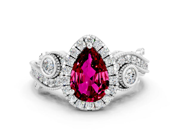 Silver Pear Cut Garnet Halo Ring with Milgrain Pavé Band and Four-Prong Setting