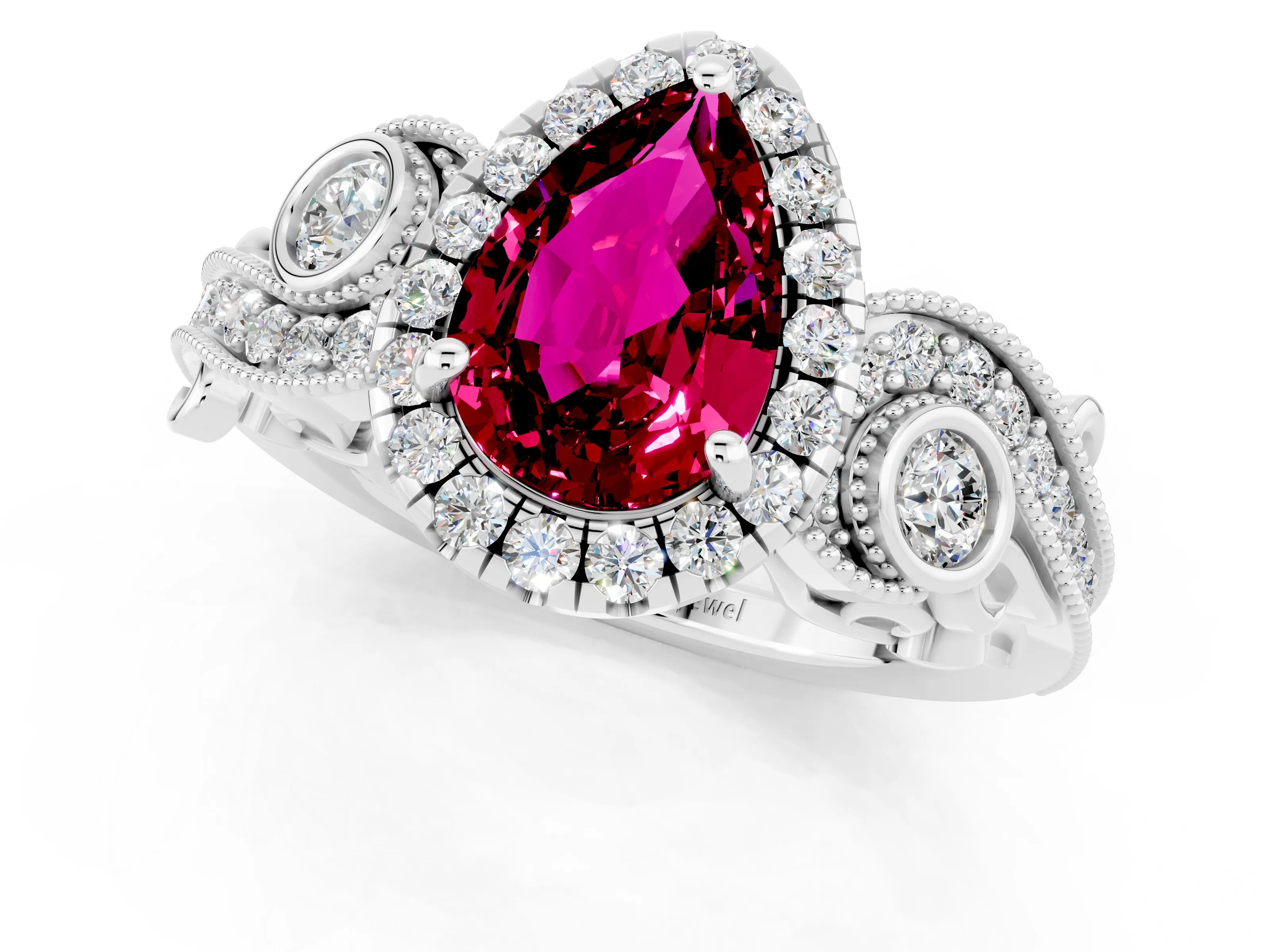 White gold Pear Cut Garnet Halo Ring with Milgrain Pavé Band and Four-Prong Setting_13