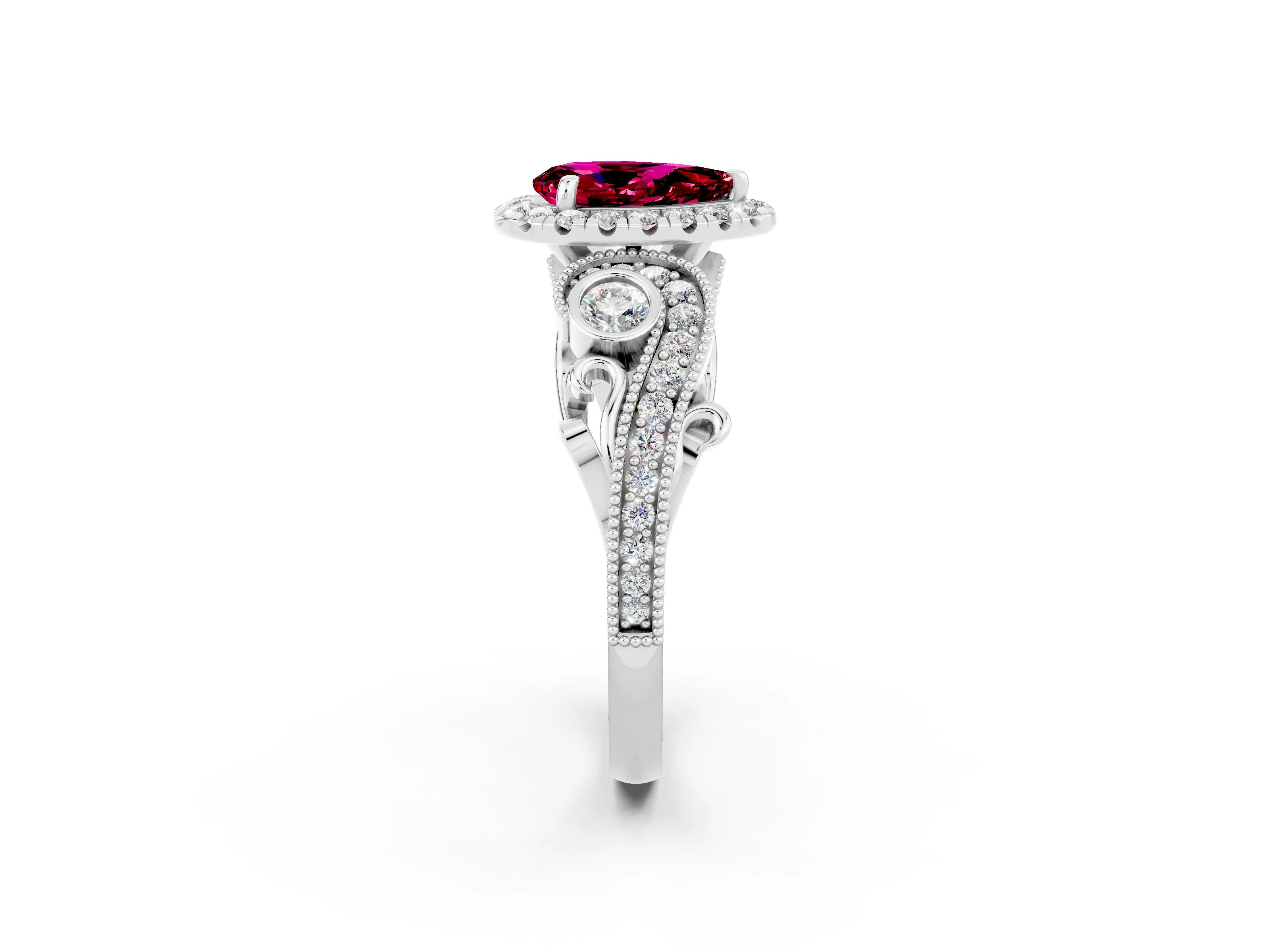 White gold Pear Cut Garnet Halo Ring with Milgrain Pavé Band and Four-Prong Setting_14