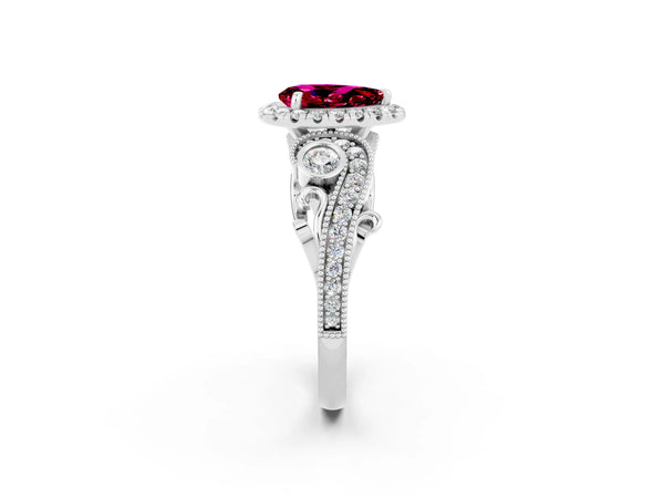 White gold Pear Cut Garnet Halo Ring with Milgrain Pavé Band and Four-Prong Setting