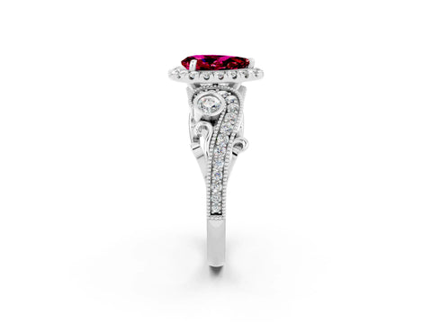 White gold Pear Cut Garnet Halo Ring with Milgrain Pavé Band and Four-Prong Setting_14