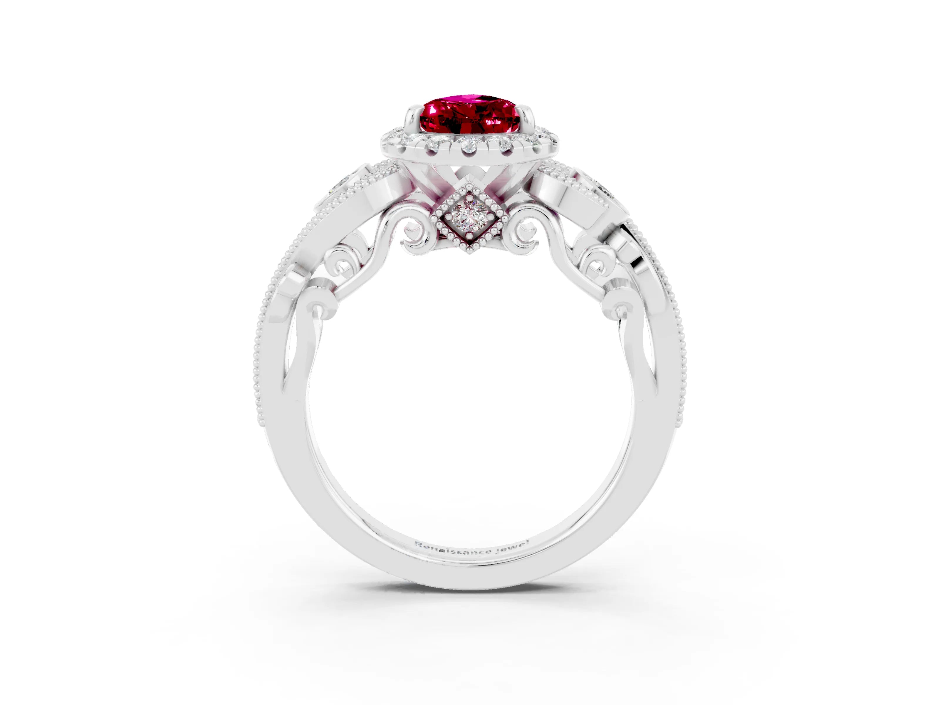 White gold Pear Cut Garnet Halo Ring with Milgrain Pavé Band and Four-Prong Setting_15