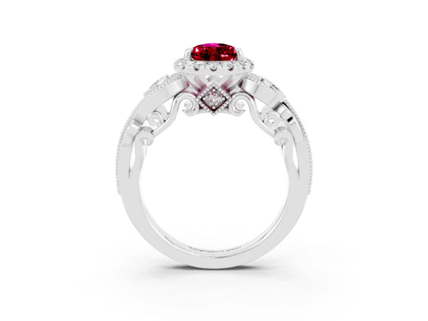 White gold Pear Cut Garnet Halo Ring with Milgrain Pavé Band and Four-Prong Setting