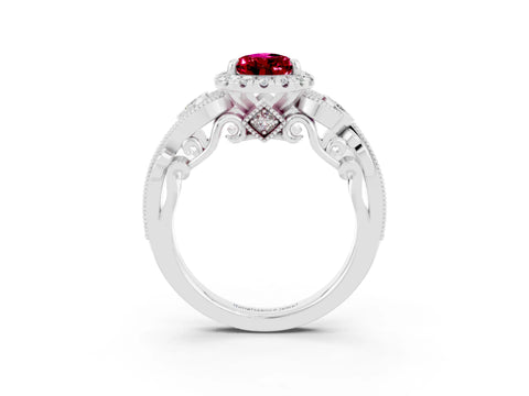 White gold Pear Cut Garnet Halo Ring with Milgrain Pavé Band and Four-Prong Setting_15