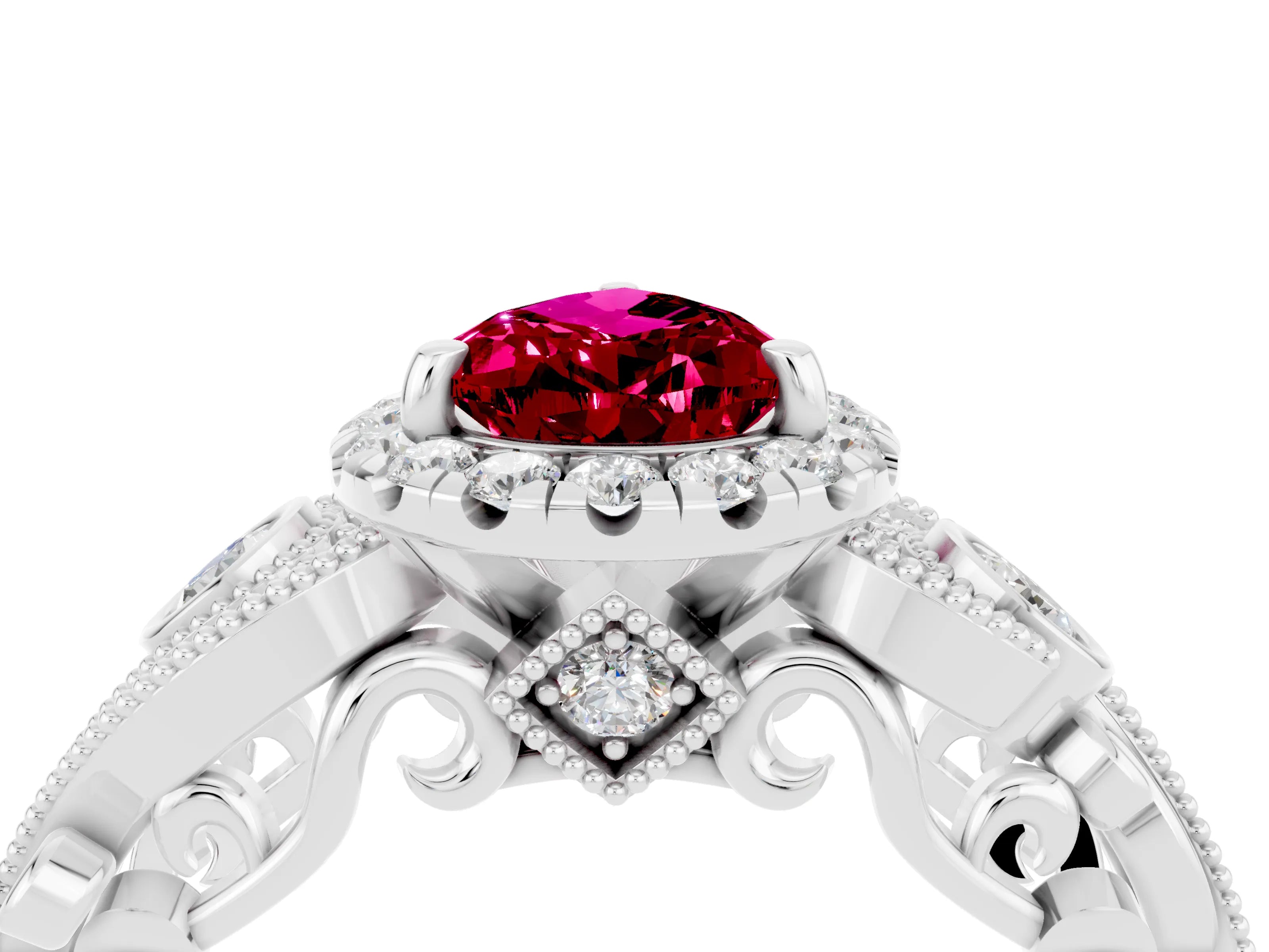 White gold Pear Cut Garnet Halo Ring with Milgrain Pavé Band and Four-Prong Setting_16